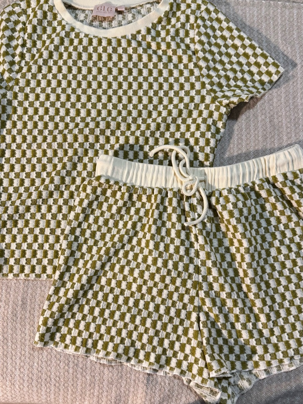 Olive and Cream Checker Short Sleeve Knit Top set with shorts